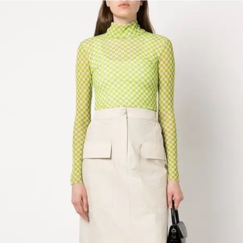 Jodi Check Print Mesh Turtleneck Top in Sulfur Green